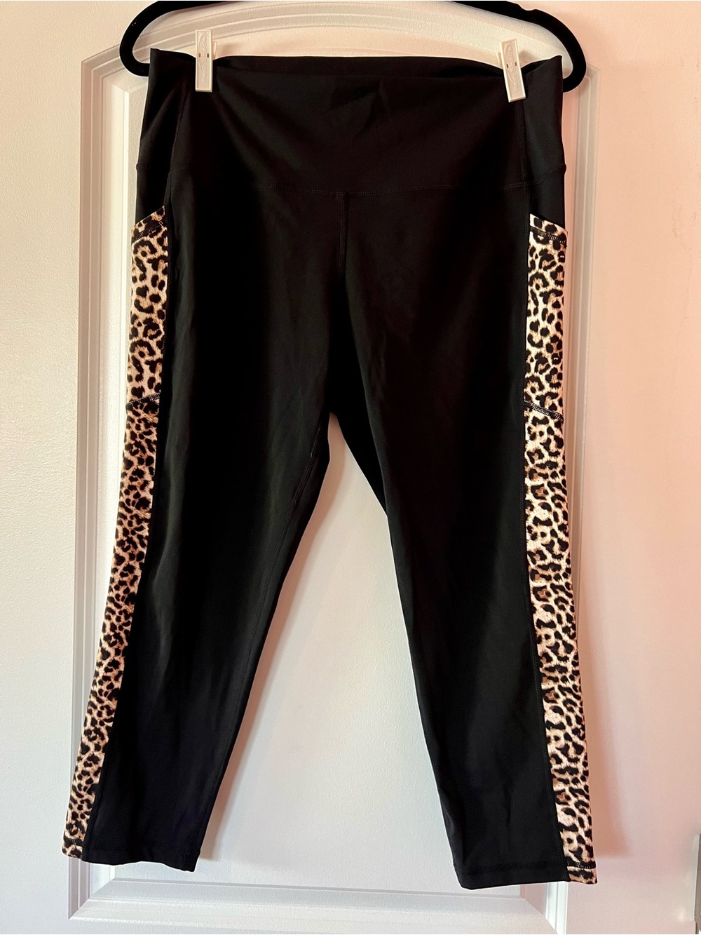 Black Women's Legging Capris with Leopard Side Panels ZYIA Active